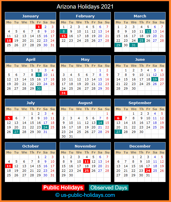Arizona Holiday Calendar 2021